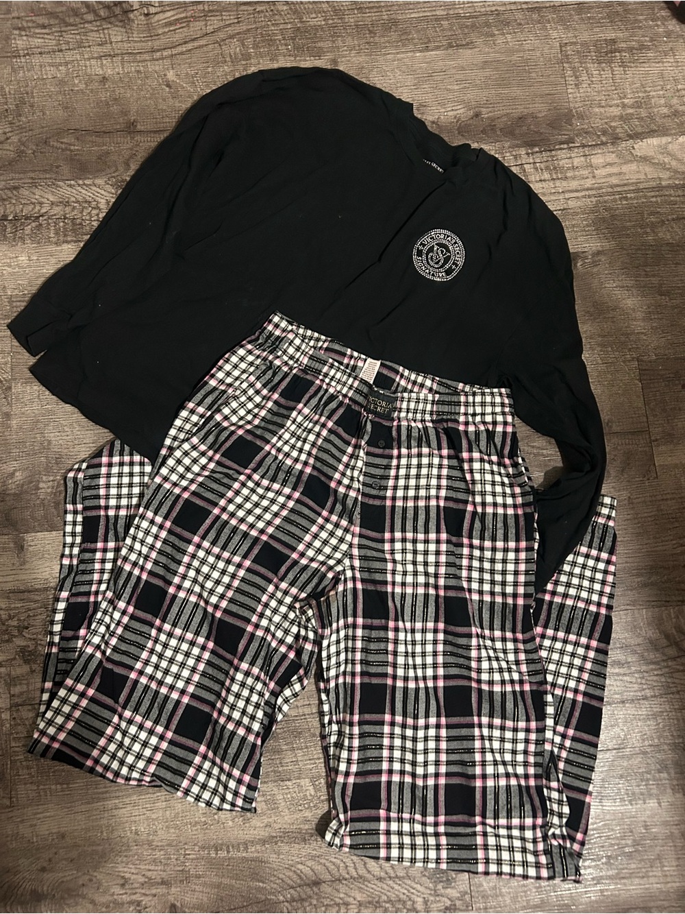 Victoria's Secret Black Plaid Pajama Pants with Pink & White